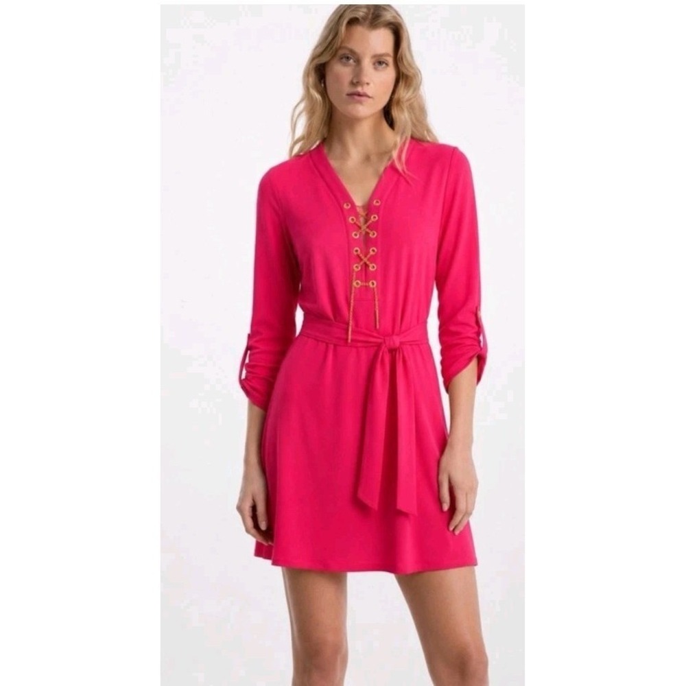 NWT Michael Kors Long Sleeve Stretchy Dress Gold Chain Tie Electric Pink Sz S